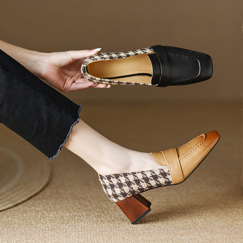 Thick Middle Heel  Match Color Gingham Shoe