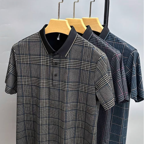 Traceless Collar Plaid Printed Half Sleeve Polo Shirt