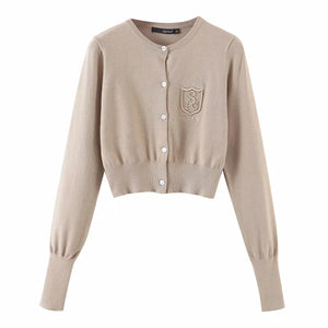 British Style Letter Embroidered Cropped Knitted Sweater Coat