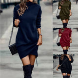 Long Sleeve Dress Solid Color High Neck